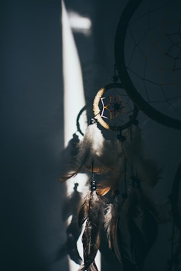 A dreamcatcher hangs in shadowed light, with its circular web accented by feathers and beads. The play of light creates a moody and mystical atmosphere.