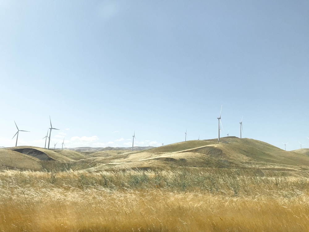 white wind mills on hill