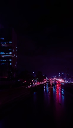 A dark urban street scene illuminated by neon lights at night.