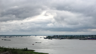 A wide river is filled with multiple cargo ships and barges under a cloudy sky. The horizon is dominated by industrial structures and cranes, indicating a port area. The water appears calm, and a small portion of greenery can be seen in the foreground.