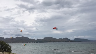 Several kite surfers are on a vast body of water with mountains in the background under a cloudy sky. The kites are colorful, contrasting with the gray clouds and water.