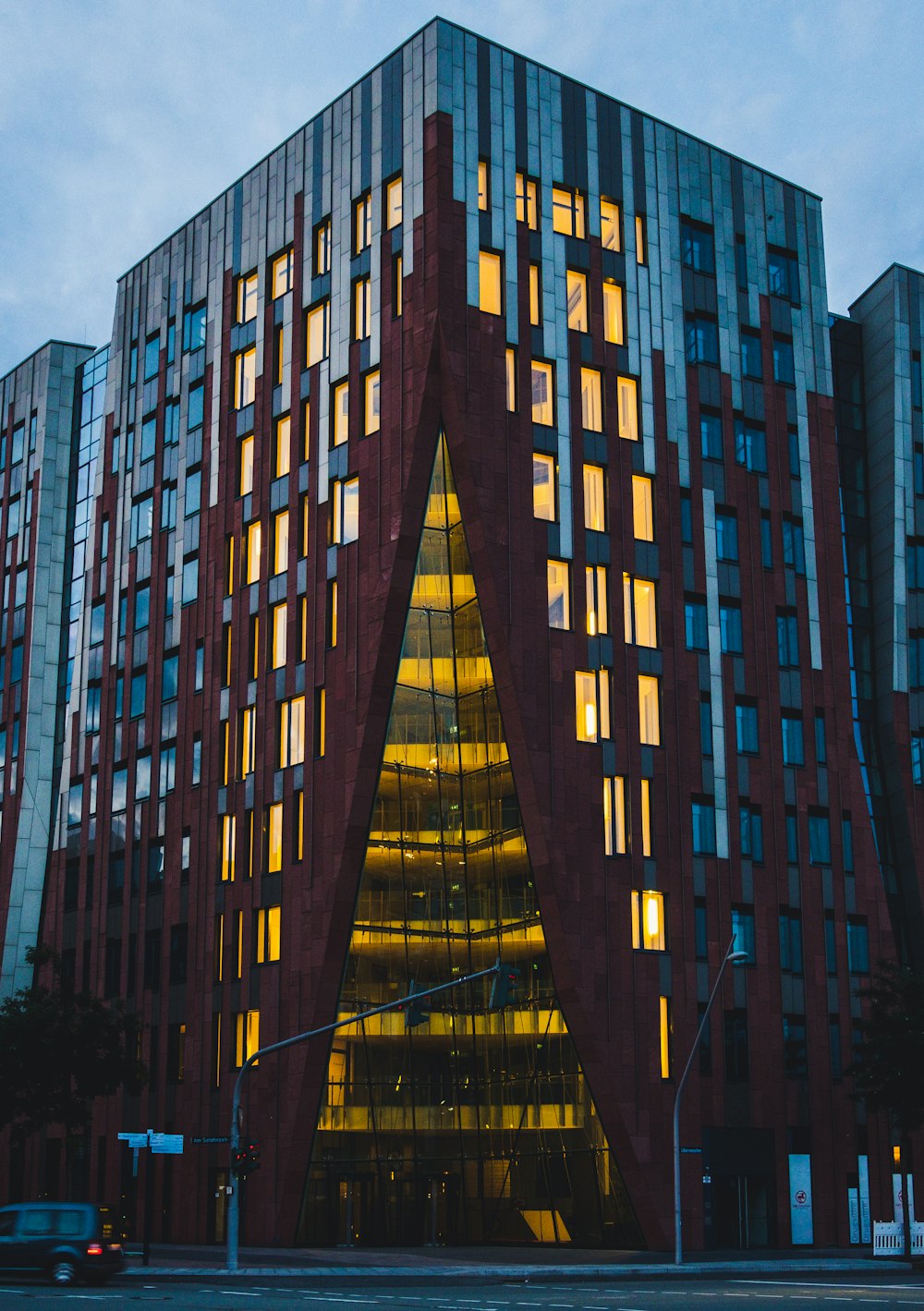 purple and gray high rise building