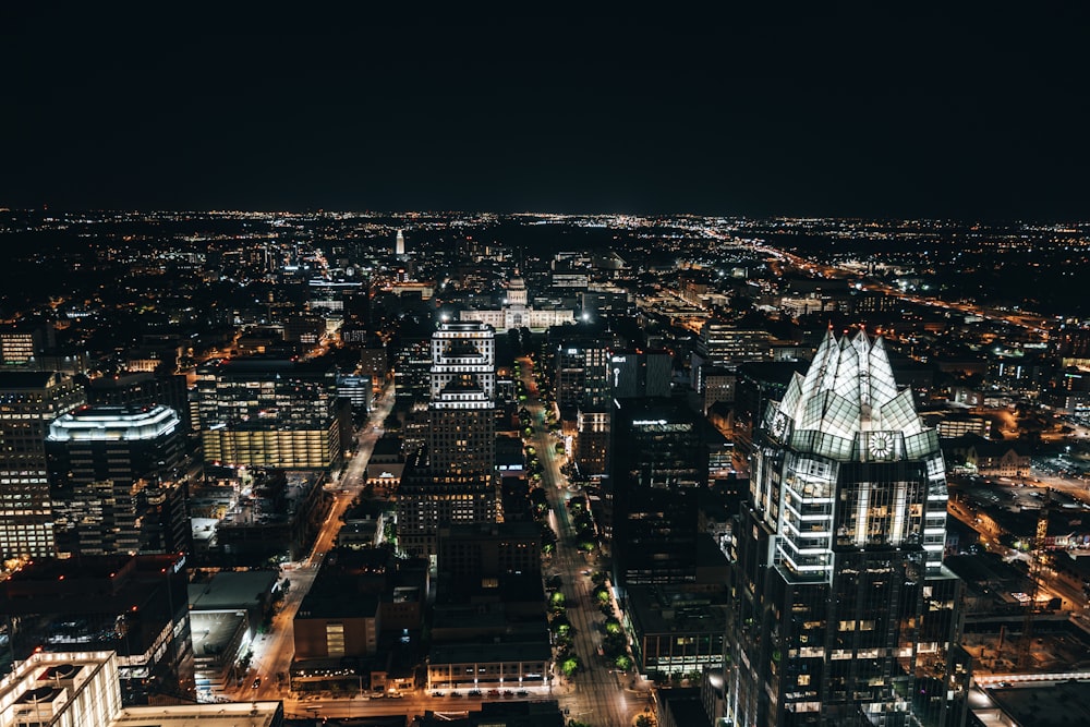 aerial photography of buildings during night