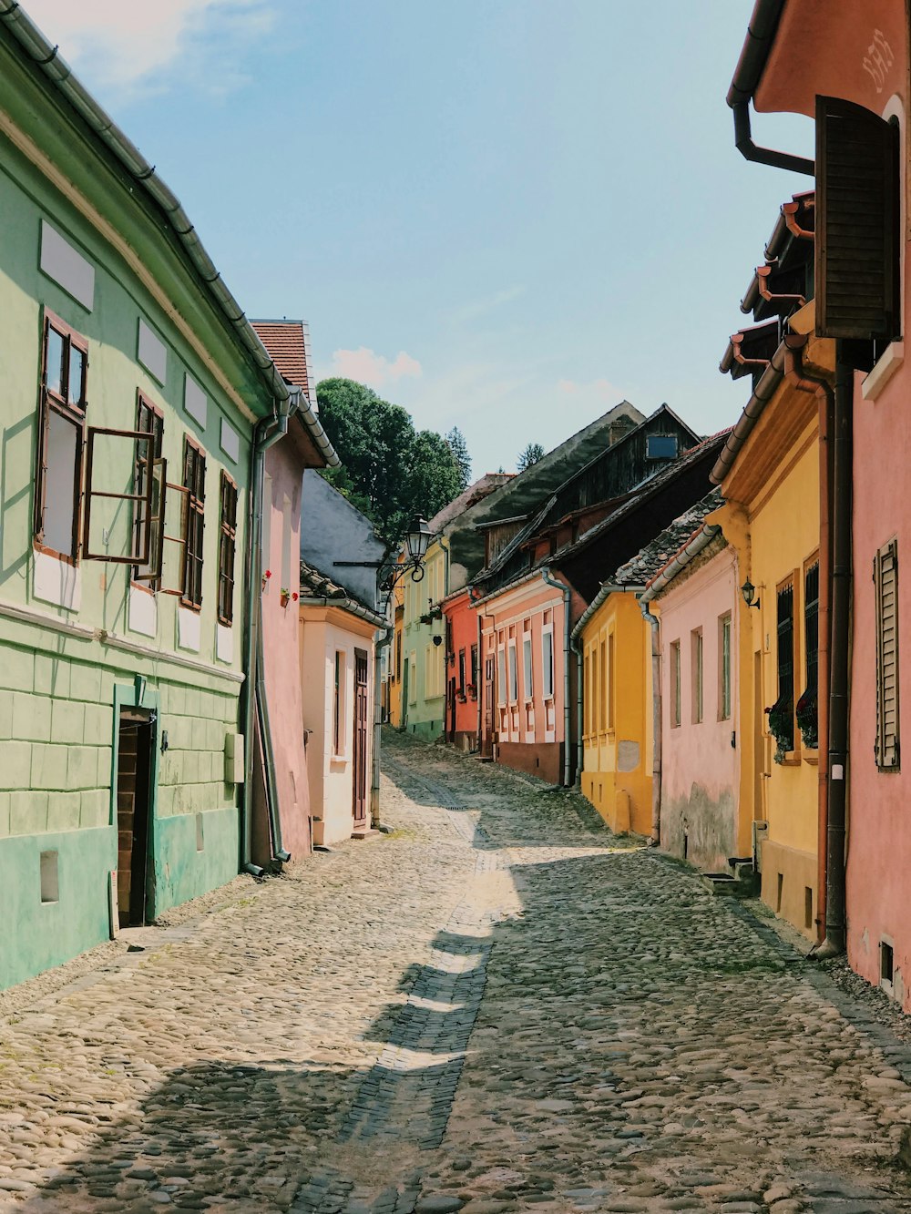 pink, brown, and green houses under blue sky at daytime