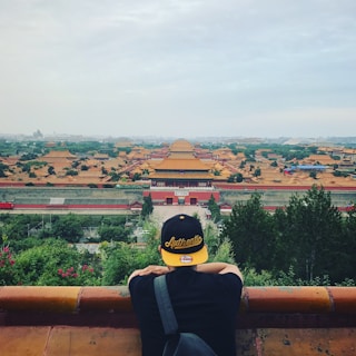 A person wearing a black and yellow cap with the word 'Authentic' is standing with their back to the camera, overlooking a vast historical site with traditional Chinese architecture, featuring numerous yellow-roofed buildings amidst greenery and a cloudy sky.