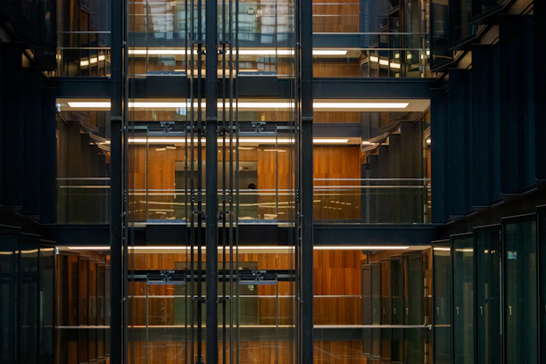 An inviting modern office interior showcasing warm earth tones and industrial design elements.