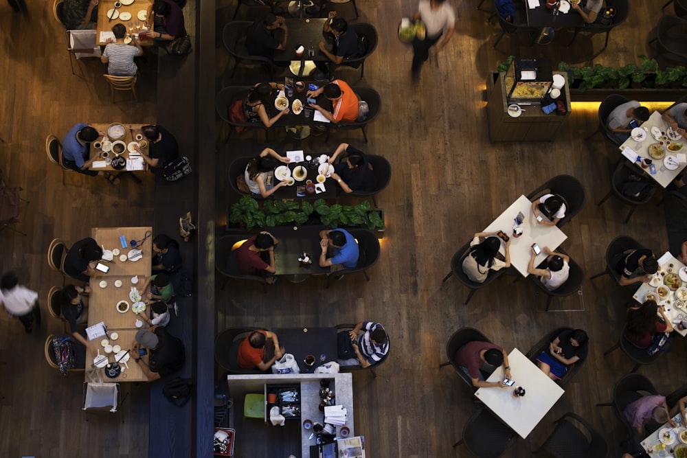 People inside a cafeteria at a Singapore mall in aerial photgraphy