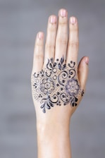 A hand with intricate henna art on the top, featuring floral motifs and swirling patterns. The design is symmetrical and detailed, focusing on two main flower shapes surrounded by leaves and dots.