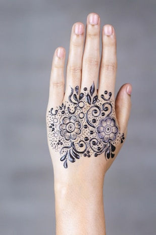 A hand with intricate henna art on the top, featuring floral motifs and swirling patterns. The design is symmetrical and detailed, focusing on two main flower shapes surrounded by leaves and dots.