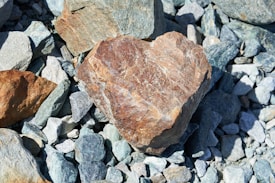 A heart-shaped rock is prominently placed among smaller, irregularly shaped stones. The heart-shaped rock has a rough, textured surface with shades of brown, while the surrounding rocks vary in sizes and exhibit colors ranging from gray to blue-green.