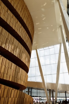 A modern architectural interior featuring a tall, curved wooden wall with a textured surface. Large, white beams support a high ceiling, and a wall of glass windows allows natural light to illuminate the space. People are visible in the background, providing a sense of scale.