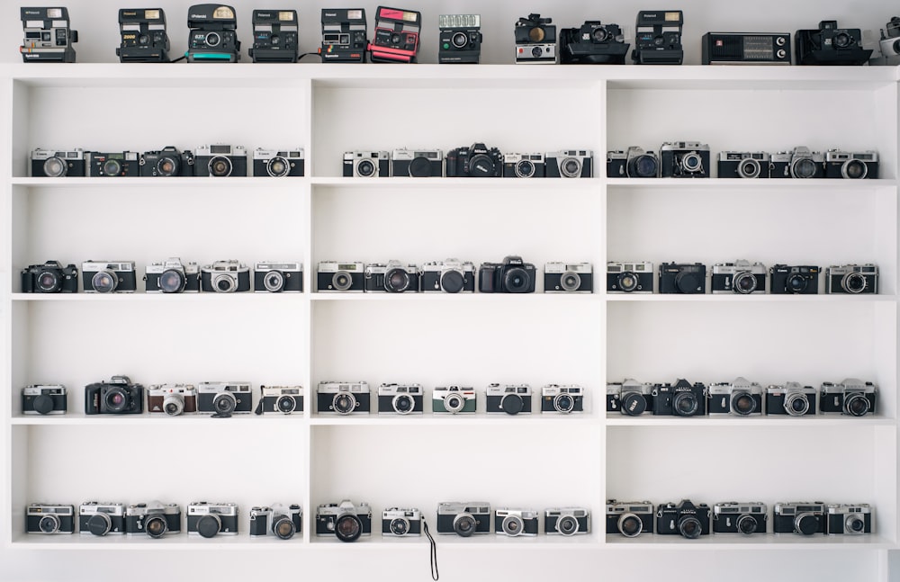 camera collection on white shelfves