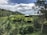 A lush landscape featuring well-manicured hedges forming intricate patterns in the foreground. A house with a green roof is surrounded by various types of vegetation, including trees and shrubs. In the background, rolling hills rise under a partly cloudy sky.