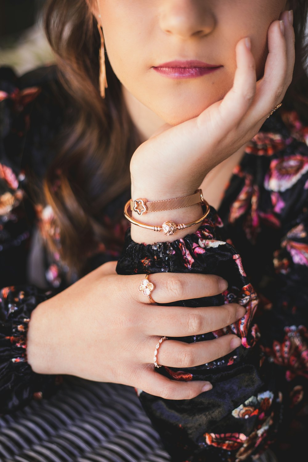 women's black and pink floral long-sleeved dress