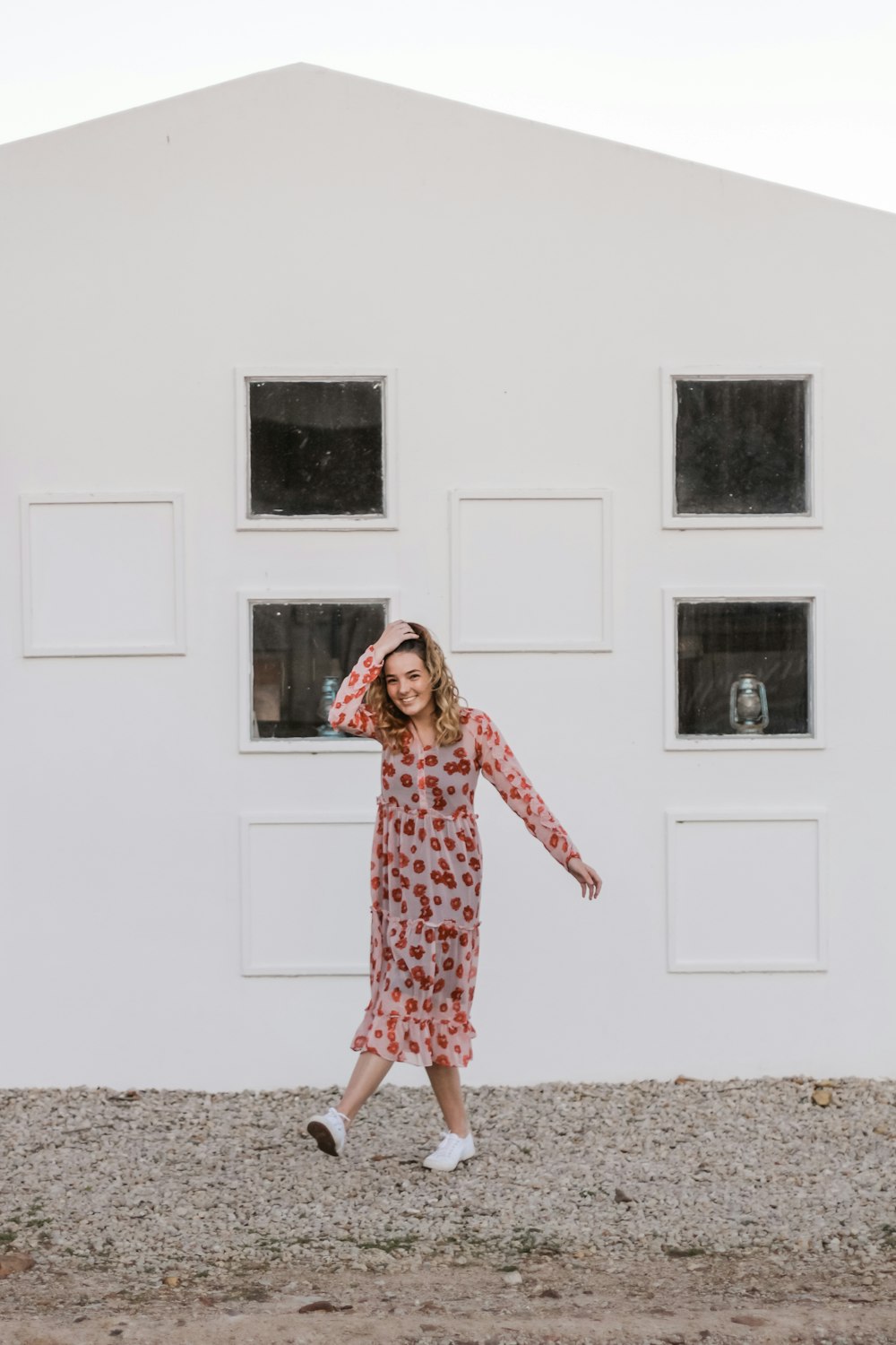 women's red and gray floral long-sleeved shirt