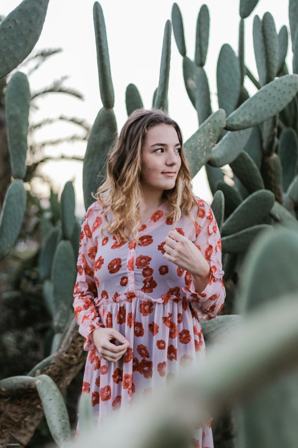 mulher em pé ao lado da planta do cacto