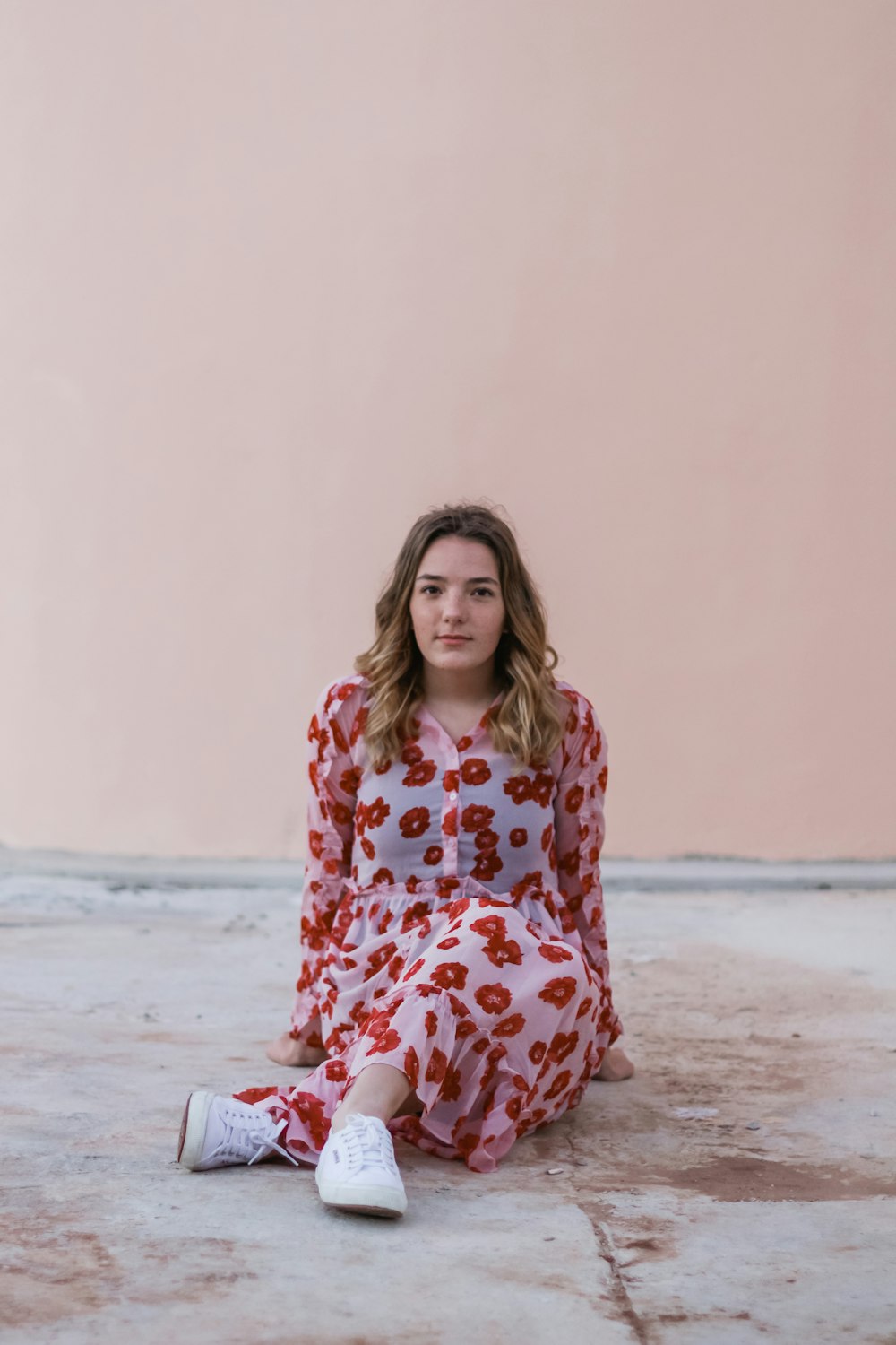 women's red and gray floral sleeved dress