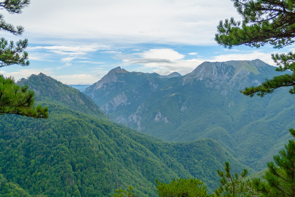 Grüne und weiße Berge unter blauem und weißem Himmel am Tag