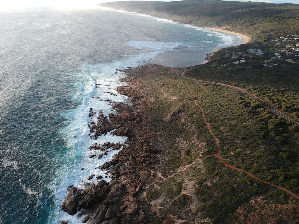 aerial photography of open field and seashore during daytime