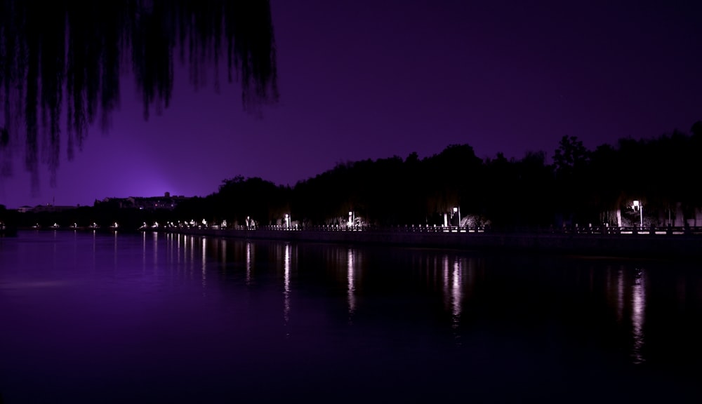 lighted buildings near body of water at night