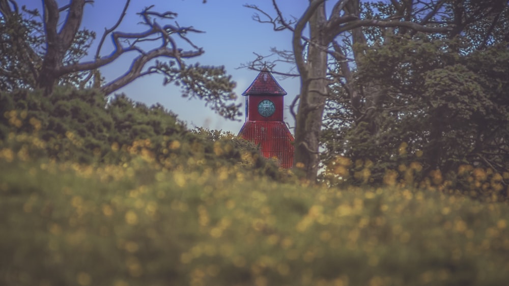 Selektive Fokusfotografie des roten Turms in der Nähe von Bäumen