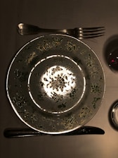 A creative logo design featuring a fork and plate on a rustic background