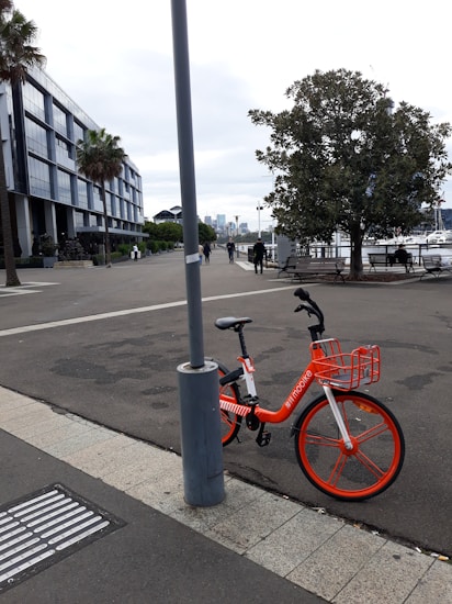 An urban scene featuring a vibrant orange rental bike parked against a lamppost. The area is a waterfront promenade with people walking and enjoying the outdoor space. A large tree and several benches are present, set against a backdrop of modern architecture and a hazy skyline.