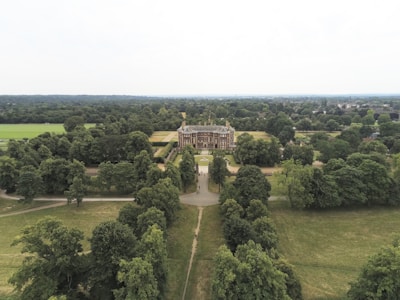 An aerial view of a large estate surrounded by dense greenery, featuring a grand building at the center. The area is filled with expansive lawns and a variety of trees, extending far into the horizon.