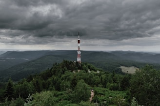 A telecommunications tower is prominently located on a hill surrounded by dense, lush green forest. The landscape extends into the distance with rolling hills under a dramatic, cloudy sky, creating a sense of vastness and isolation.