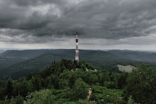 A telecommunications tower is prominently located on a hill surrounded by dense, lush green forest. The landscape extends into the distance with rolling hills under a dramatic, cloudy sky, creating a sense of vastness and isolation.