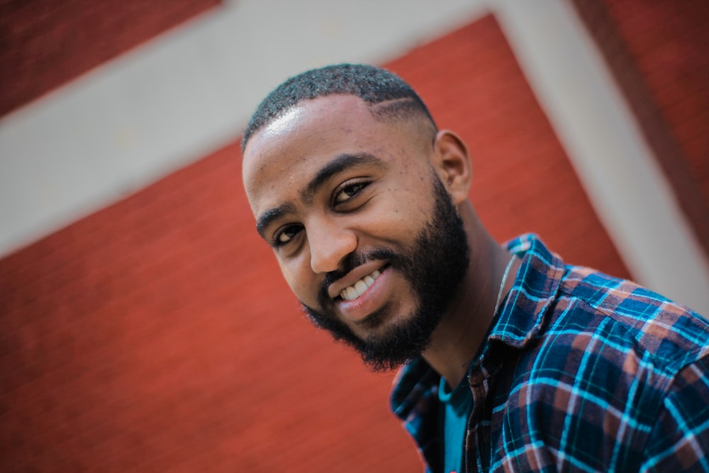 blue and black plaid button-up shirt