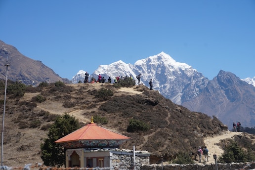 A group of hikers walking along a mountain trail with the Himalayas in the background.
