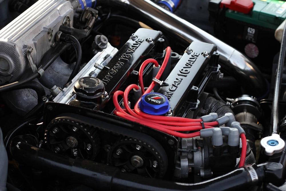 black and red car engine bay