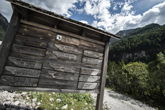 Close-up of a weathered wooden signpost marking a trail through alpine meadows.