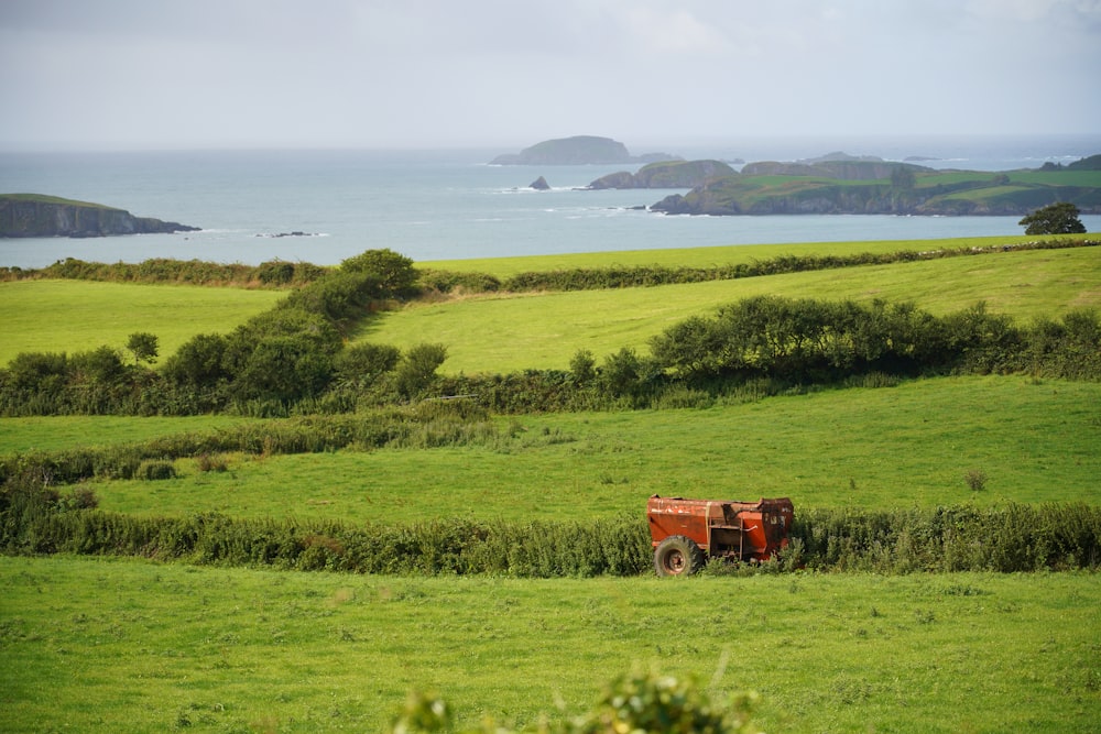 red farm tractor in green field