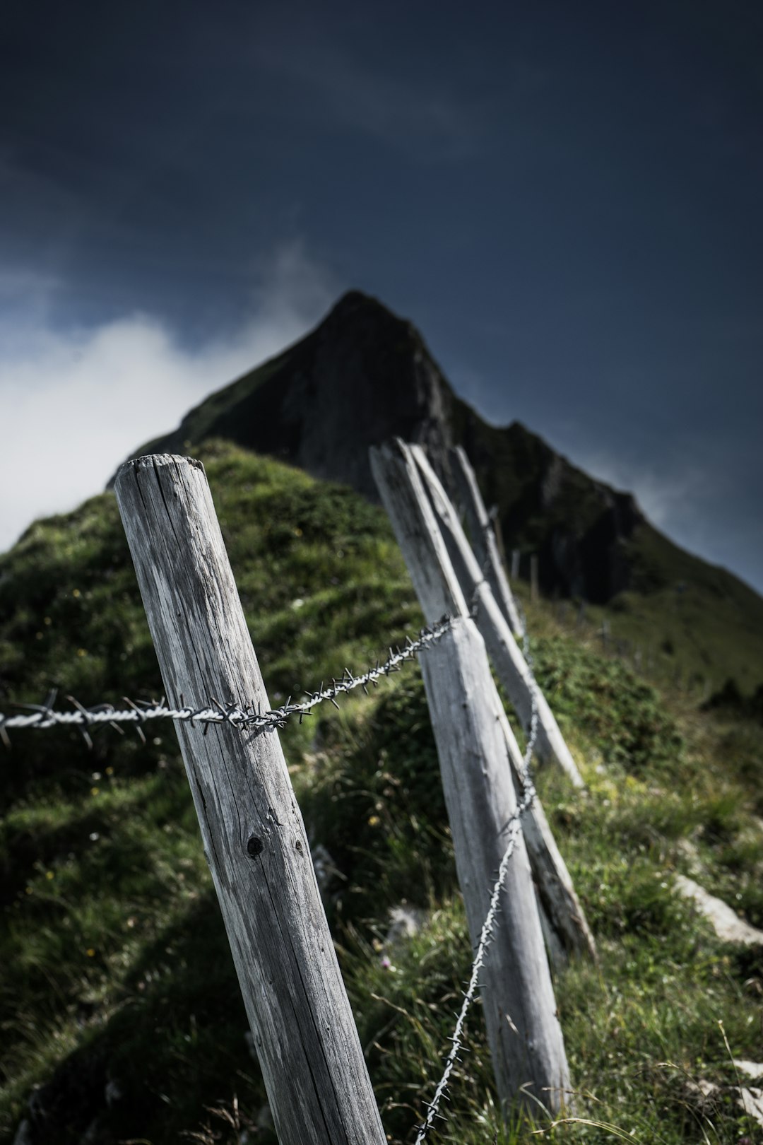 wooden post and barbwire into hill