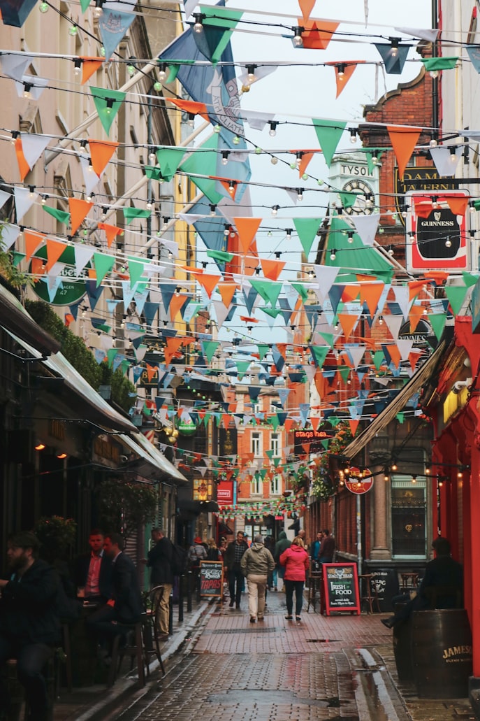 Street in Dublin with Irish flags overhead.