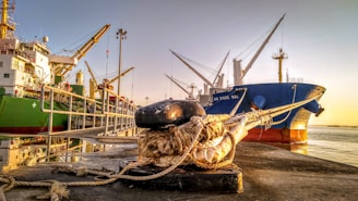 A professional team inspecting equipment at a maritime port during sunset.