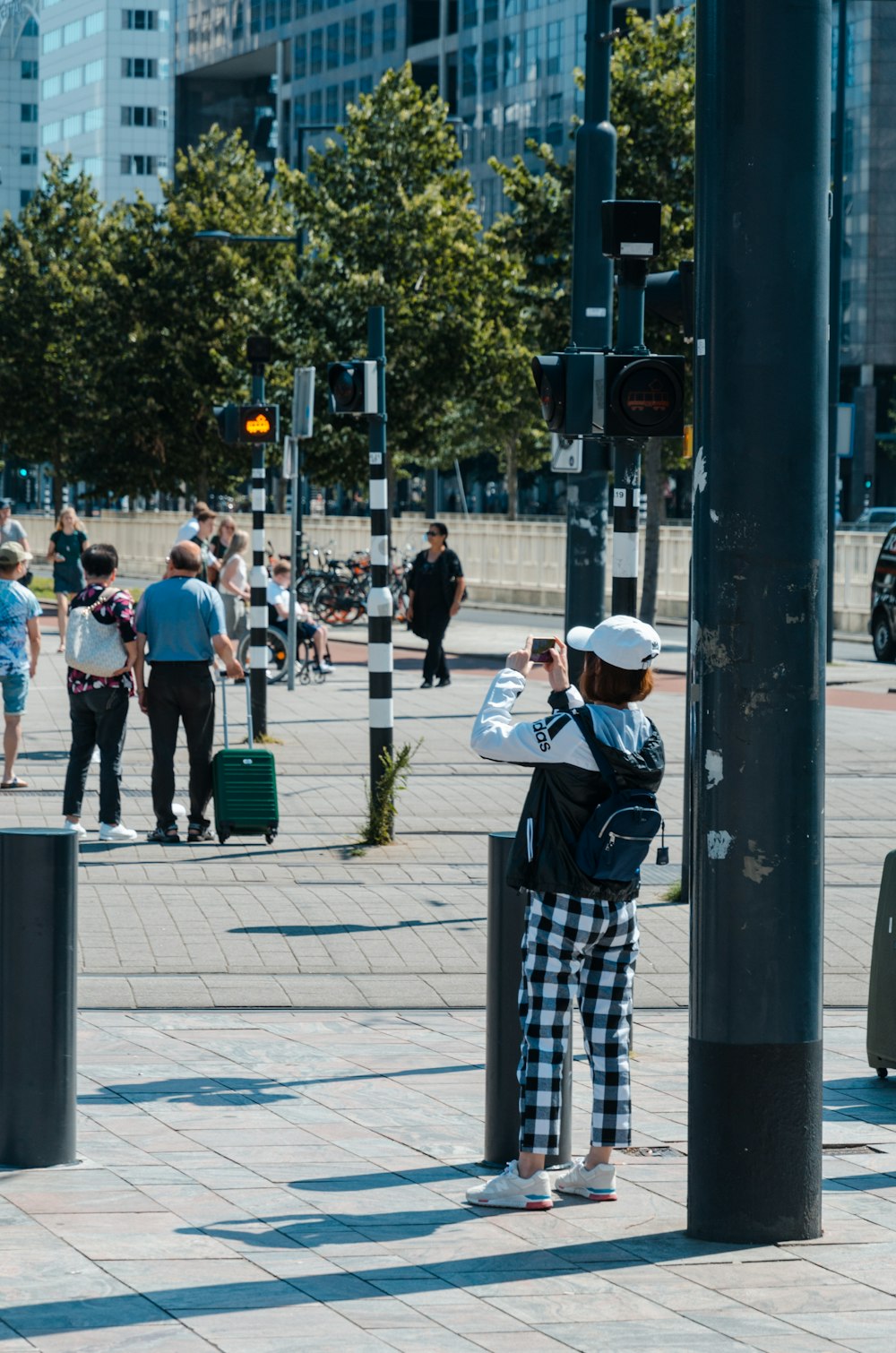 people standing near park viewing high-rise buildings