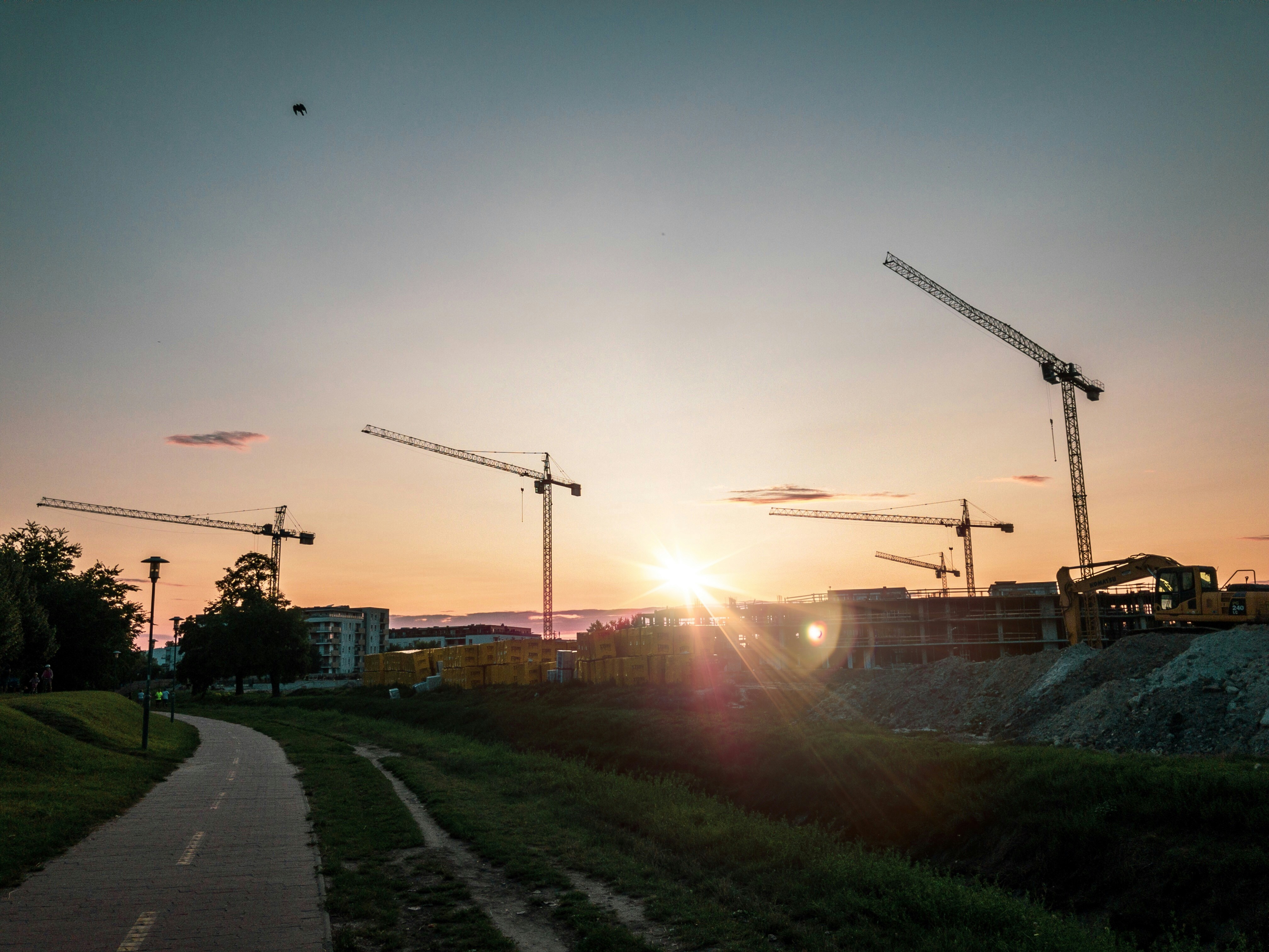 four industrial cranes at daytime