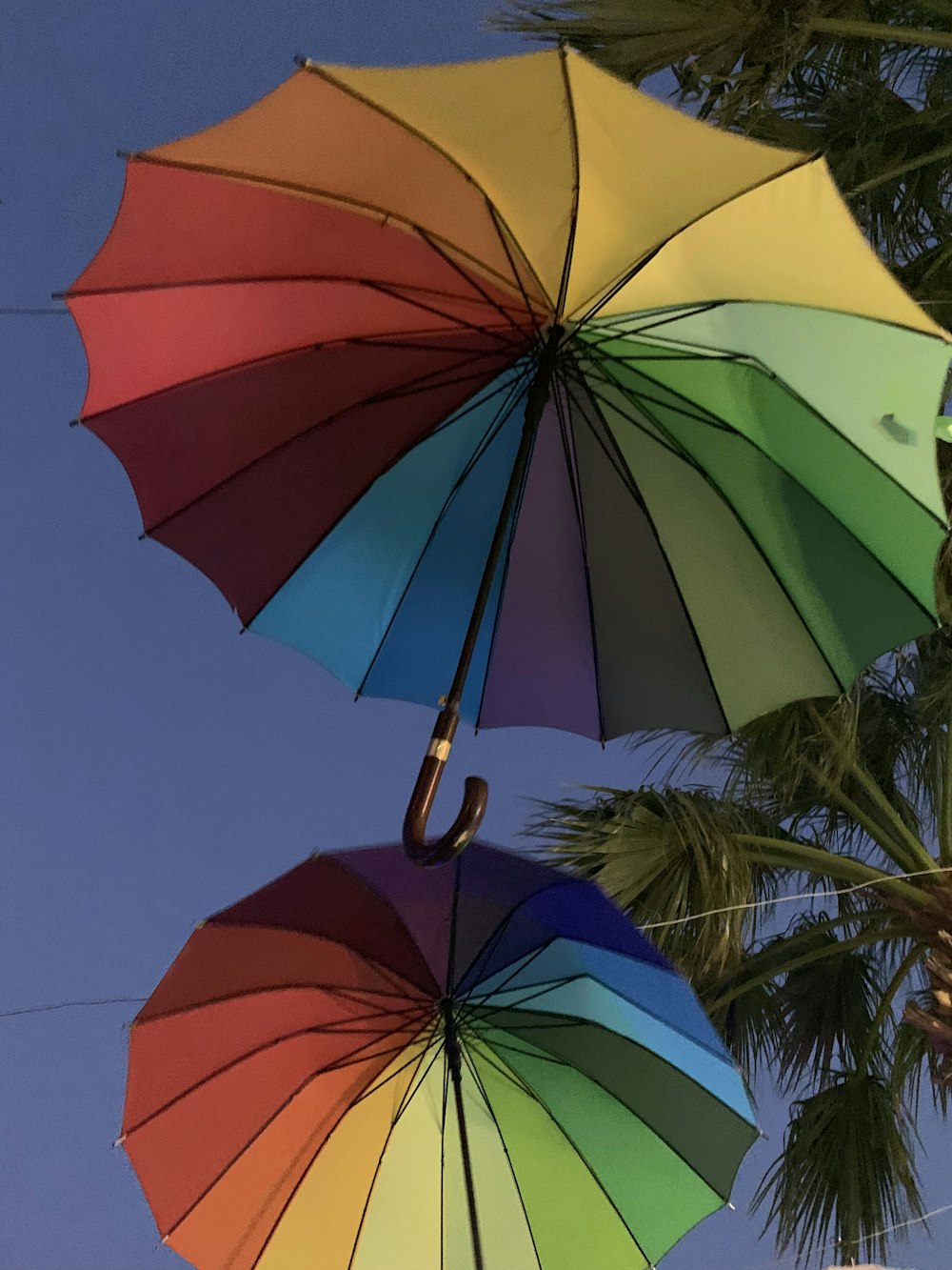 multicolored umbrellas hanging on the string