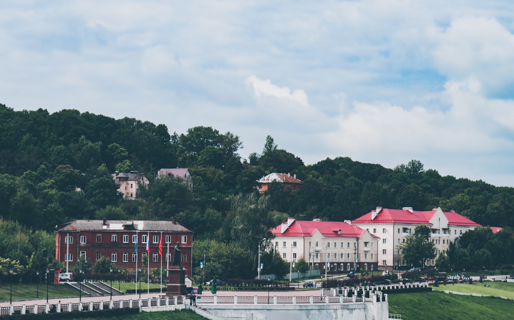 two red and white buildings