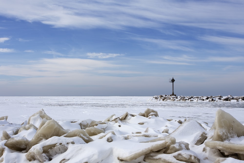 a pile of ice sitting on top of a snow covered ground