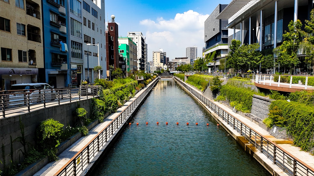 river between buildings,
