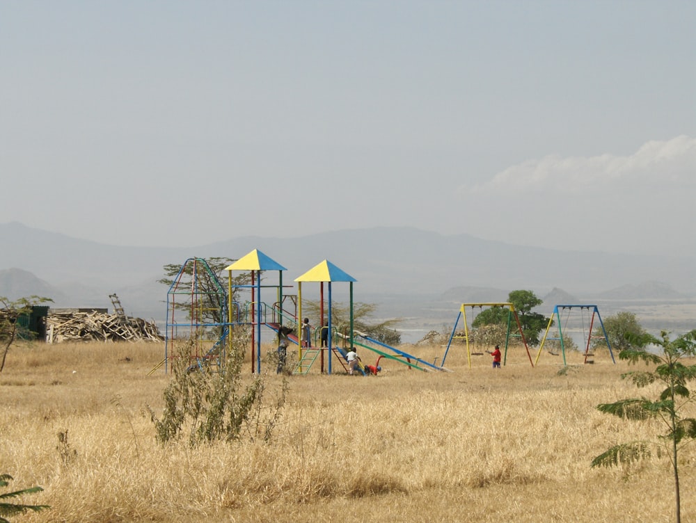 slides and swings on grass field during daytime