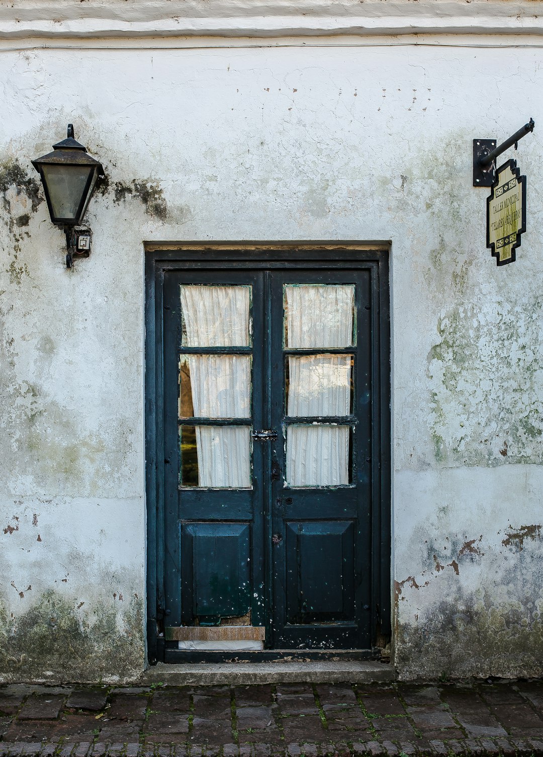 blue wooden door panel in white building