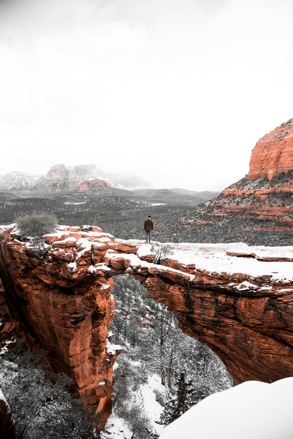 a person standing on a cliff with a mountain in the background