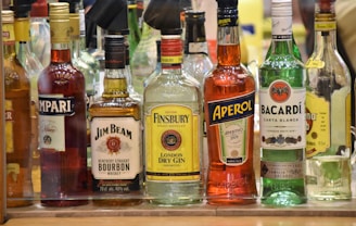 A collection of various liquor bottles is displayed on a shelf. The bottles include brands like Campari, Jim Beam, Finsbury, Aperol, and Bacardi. Each bottle is distinct in shape and color, with labels showcasing their logos and brand names.