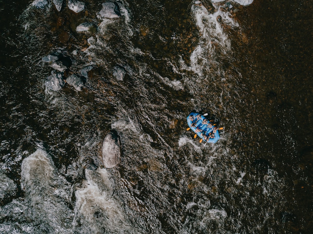 gruppo di fotografia aerea di persona che cavalca su una barca a remi blu