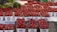 A market stall featuring multiple containers filled with fresh, ripe strawberries. The strawberries are vibrant red and neatly arranged in paper cartons with farm branding. A few green leaves are visible in the background, enhancing the freshness theme. The layout is organized, suggesting a bountiful harvest ready for sale.